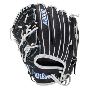 Front view of a black Wilson A2000 baseball glove with white lacing and blue stitching.