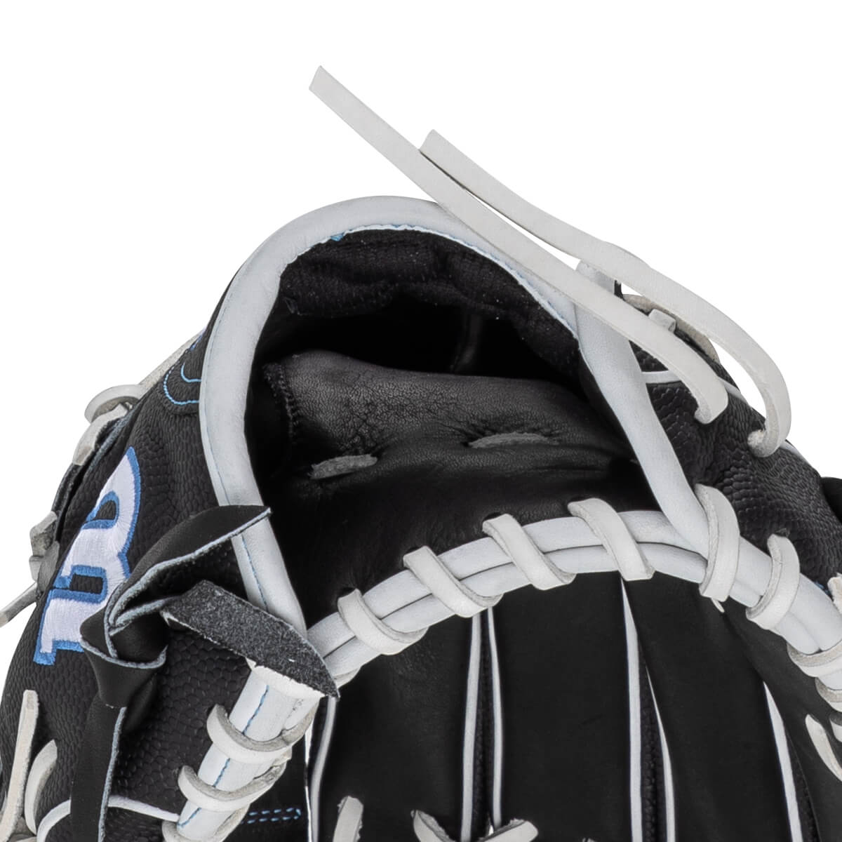 Close-up of a black baseball glove showing white lacing, a blue "R" logo, and textured leather.