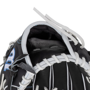 Close-up of a black baseball glove showing white lacing, a blue "R" logo, and textured leather.
