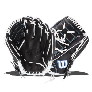 Top-down view of a black Wilson A2000 baseball glove with white lacing and blue stitching.