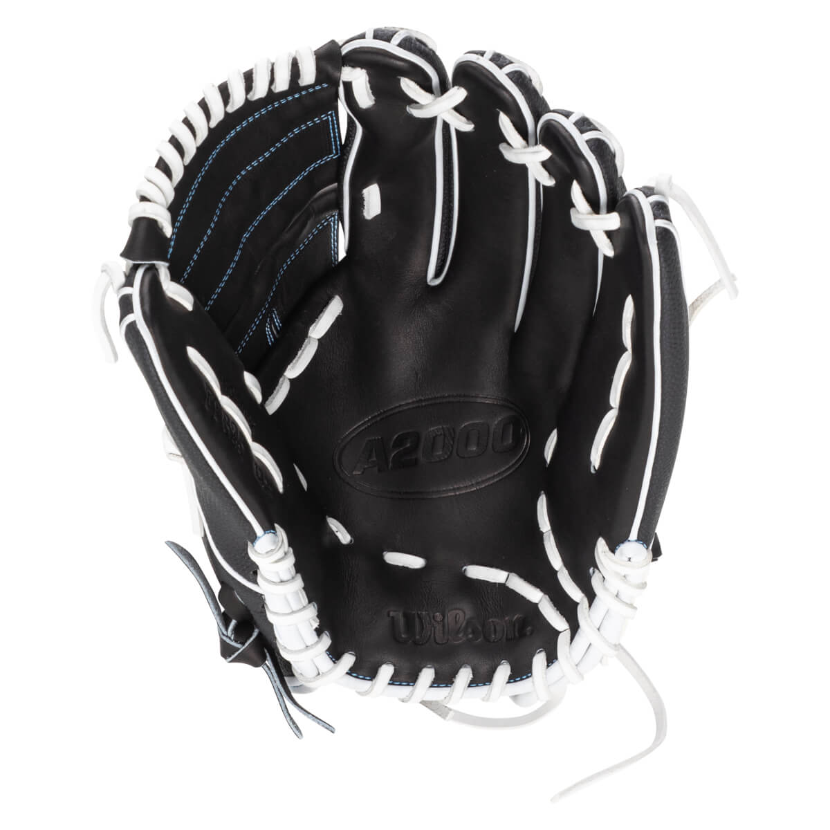 Top-down view of a black Wilson A2000 baseball glove with white lacing and blue stitching.