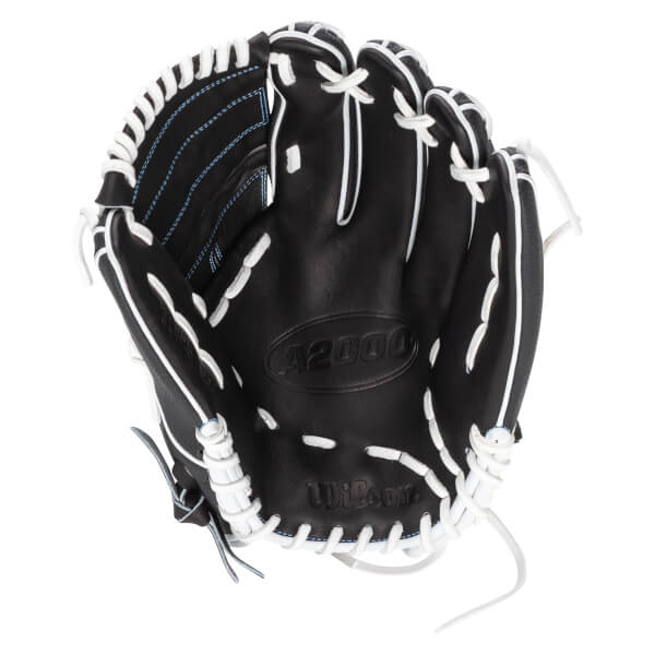 Top-down view of a black Wilson A2000 baseball glove with white lacing and blue stitching.