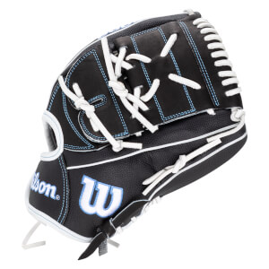 Side view of a black baseball glove with white lacing, blue stitching, and a white "W" logo.