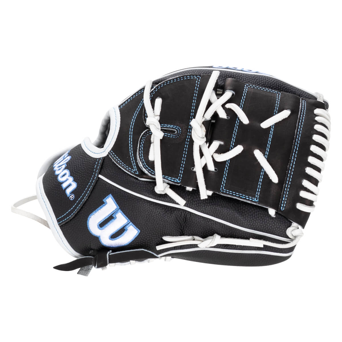Side view of a black Wilson baseball glove with white laces and blue stitching.