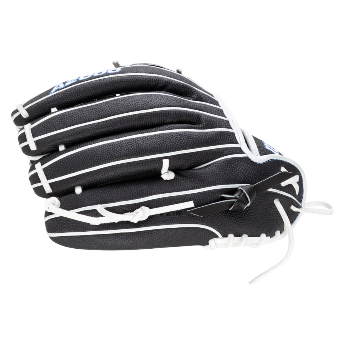 Side view of a black baseball glove with white lacing and blue lettering.