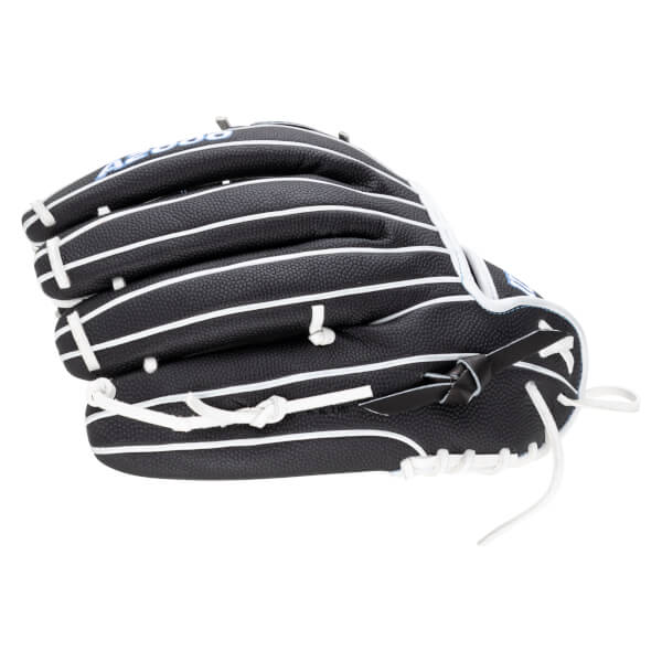 Side view of a black baseball glove with white lacing and blue lettering.