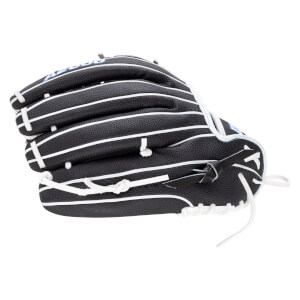 Side view of a black baseball glove with white lacing and blue lettering.