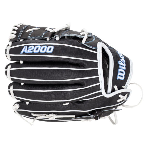Front view of a black Wilson A2000 baseball glove with white lacing and blue stitching.