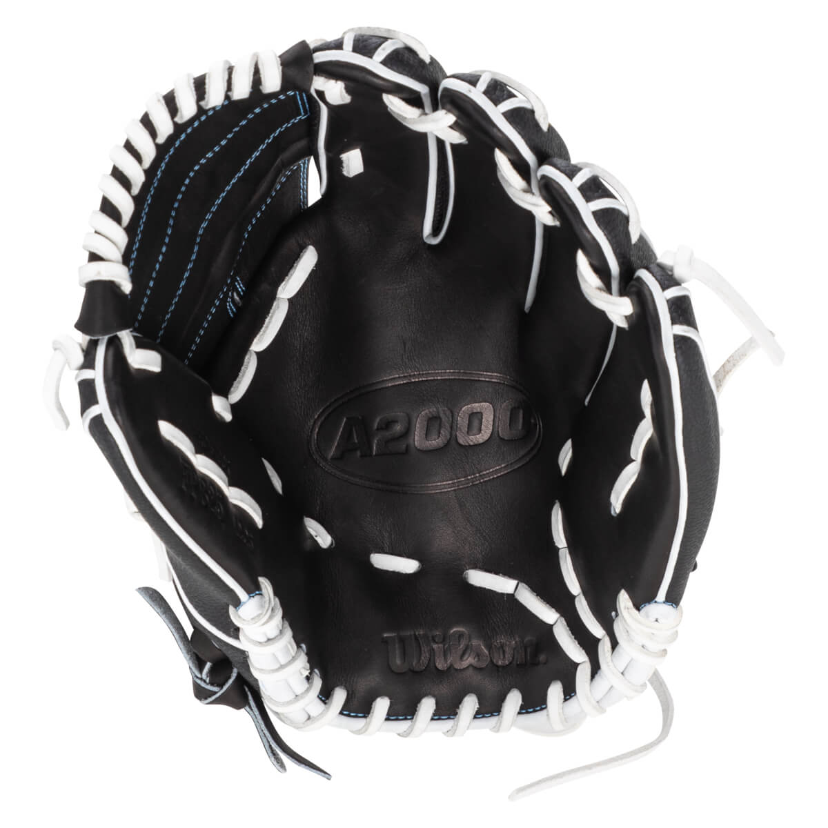 Top-down view of a black baseball glove with white lacing, showing the "A2000" and "Wilson" logos.