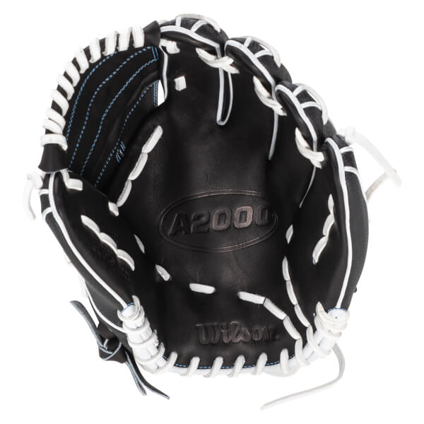 Top-down view of a black baseball glove with white lacing, showing the "A2000" and "Wilson" logos.