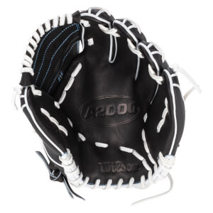 Top-down view of a black baseball glove with white lacing, showing the "A2000" and "Wilson" logos.
