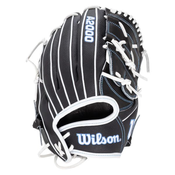 Front view of a black Wilson A2000 baseball glove with white lacing and blue stitching.