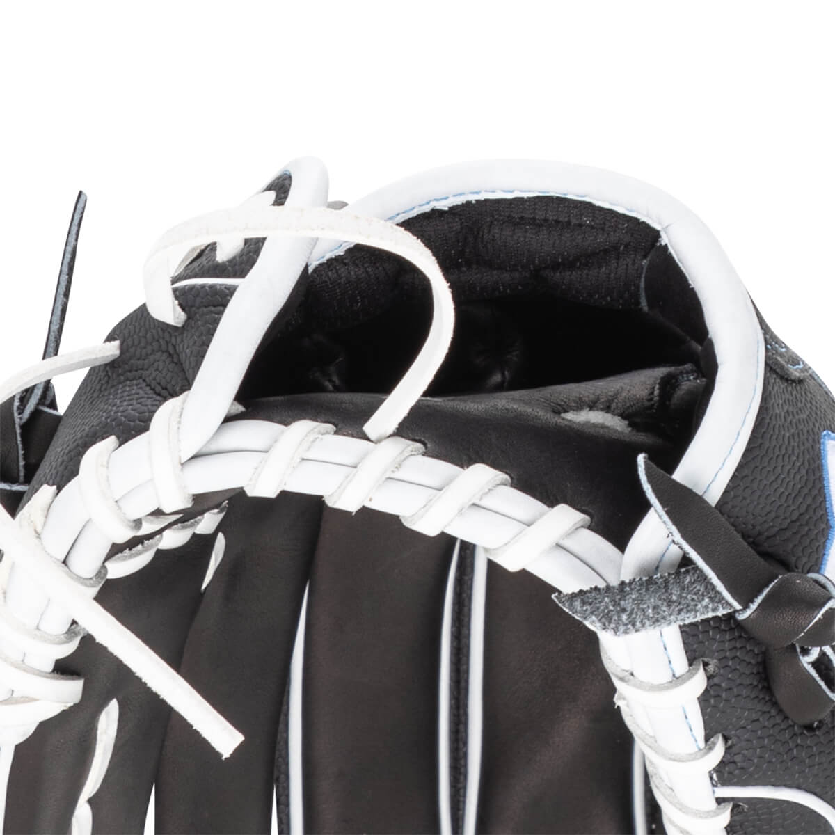 Close-up of a black baseball glove showing white lacing and a textured palm.