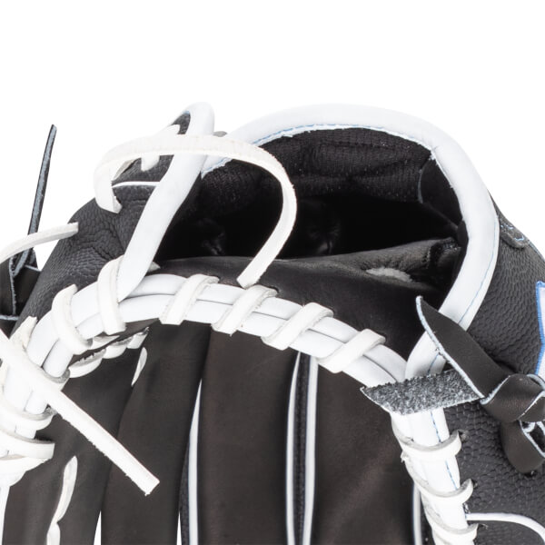 Close-up of a black baseball glove showing white lacing and a textured palm.