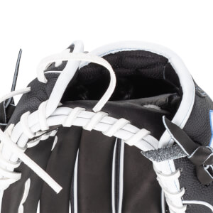 Close-up of a black baseball glove showing white lacing and a textured palm.