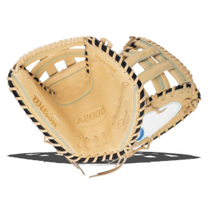 Front view of a tan Wilson A2000 baseball glove with black lacing and teal stitching.