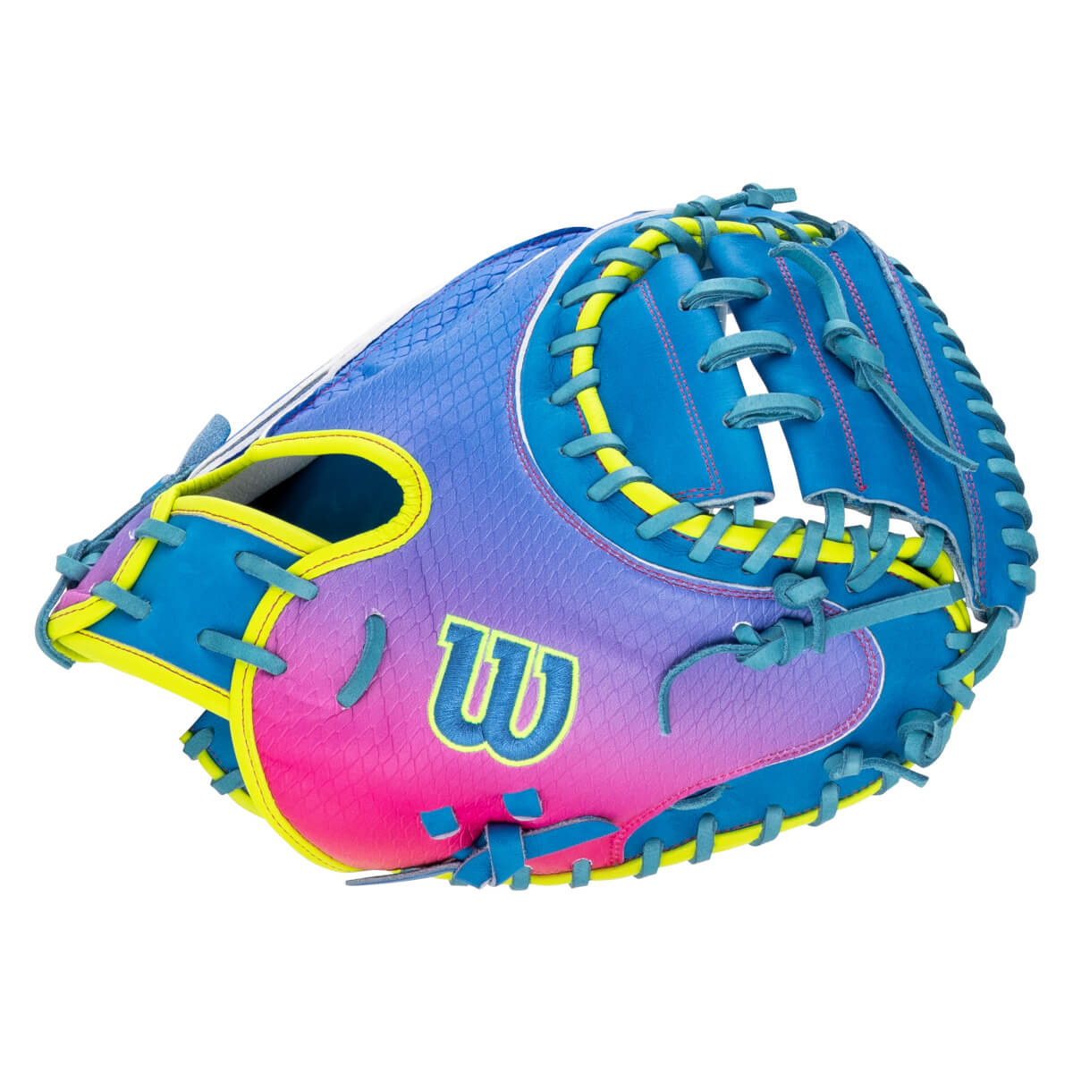 Back view of a catcher's mitt featuring a blue, purple, and pink gradient SuperSkin shell, yellow trim, and a large yellow and blue Wilson 'W' logo.