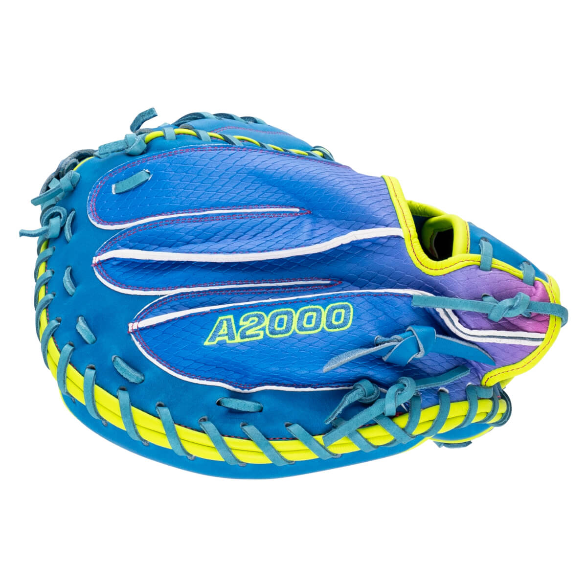 Back view of a blue and purple SuperSkin catcher's mitt featuring neon yellow trim and "A2000" printed in yellow.