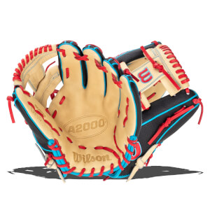 Front view of a tan Wilson A2000 baseball glove with red lacing and blue trim.