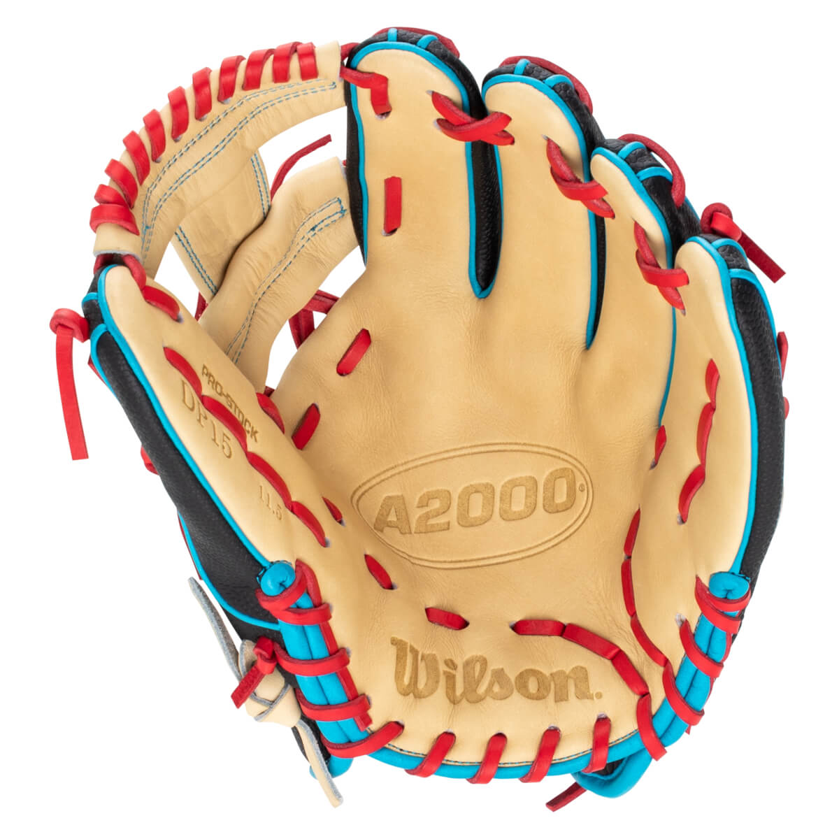 Top-down view of a tan baseball glove with red and blue lacing, featuring "A2000" and "Wilson" branding.