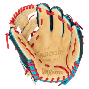 Top-down view of a tan baseball glove with red and blue lacing, featuring "A2000" and "Wilson" branding.