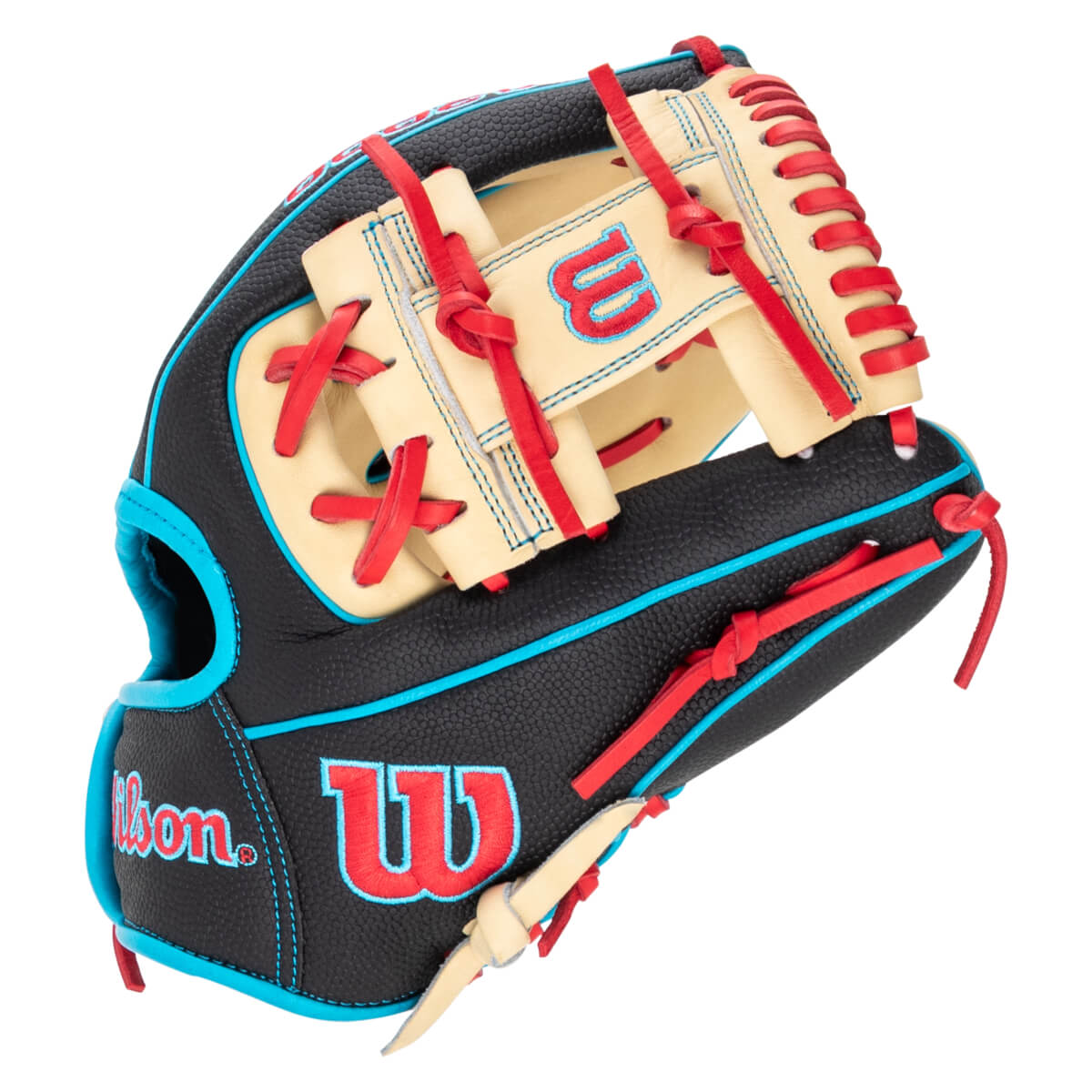 Side view of a black baseball glove with red and blue lacing, featuring a red "W" logo and "Wilson" text.