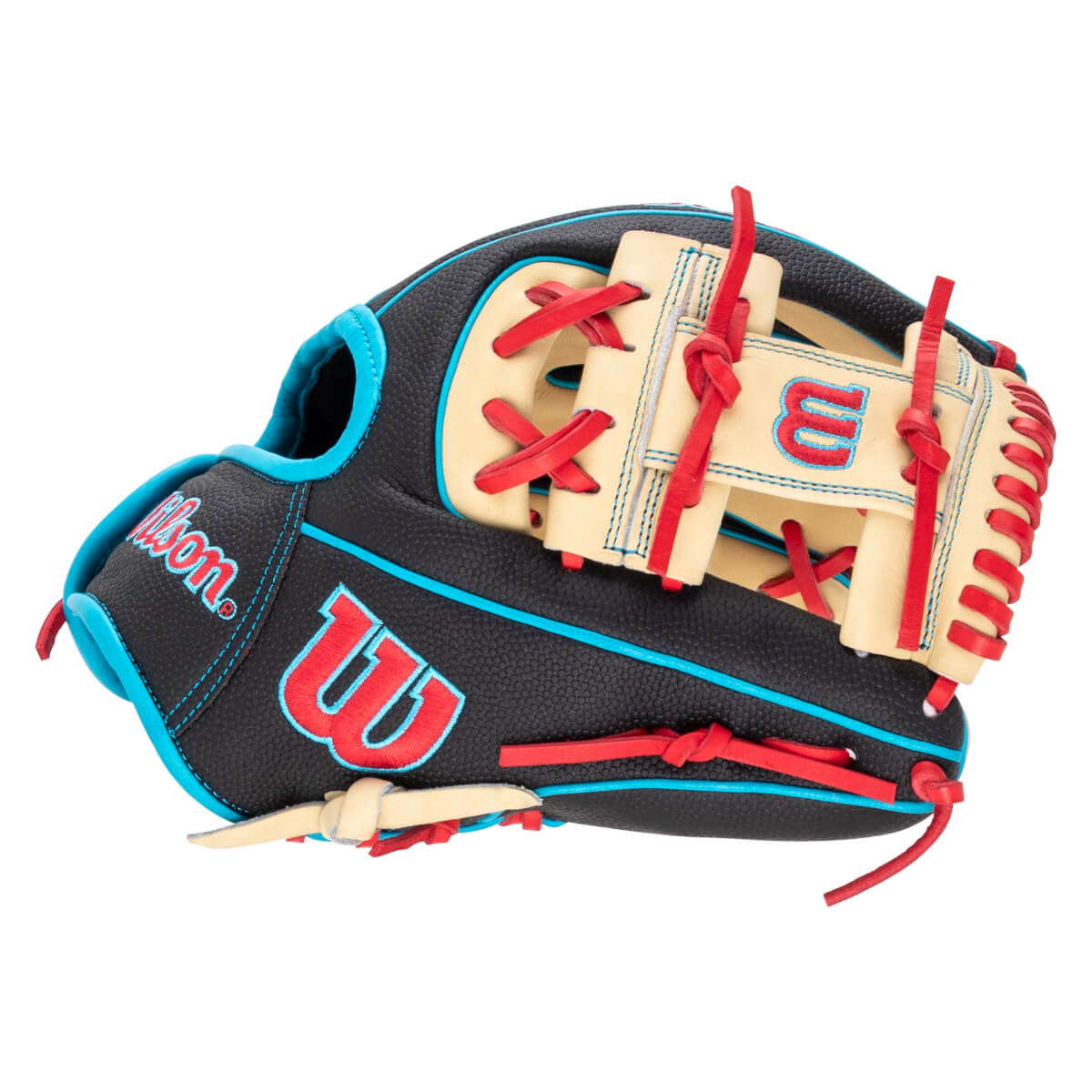 Side view of a black baseball glove with red and blue lacing, featuring a red "W" logo and "Wilson" text.
