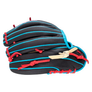 Side view of a black baseball glove with blue piping and red lacing.