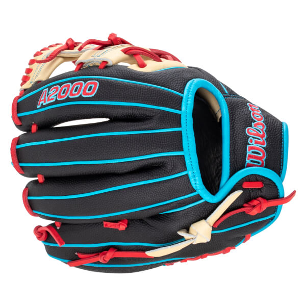 Front view of a black baseball glove with red and blue lacing, featuring "A2000" and "Wilson" logos.