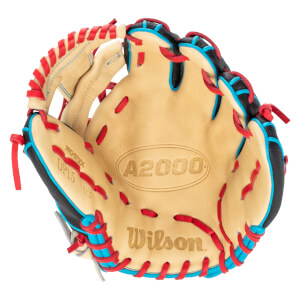 Top-down view of a tan baseball glove with red and blue lacing, featuring "A2000" and "Wilson" logos.