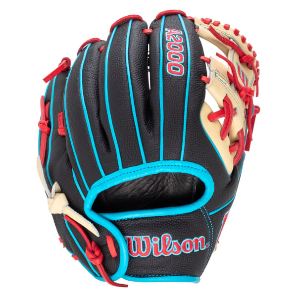 Front view of a black baseball glove with blue and red accents, featuring "A2000" and "Wilson" logos.