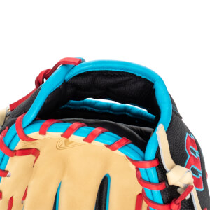 Close-up of a baseball glove showing black textured material, tan leather, and red and blue lacing.