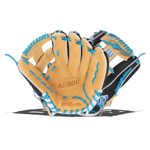 Front view of a tan Wilson A2000 baseball glove with bright blue lacing and black accents.