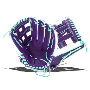 Front view of a purple Wilson A2000 glove with teal lacing and white accents.