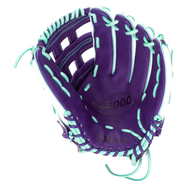 Top-down view of a purple baseball glove with aqua lacing and white accents, showing the "A2000" and "Wilson" logos.