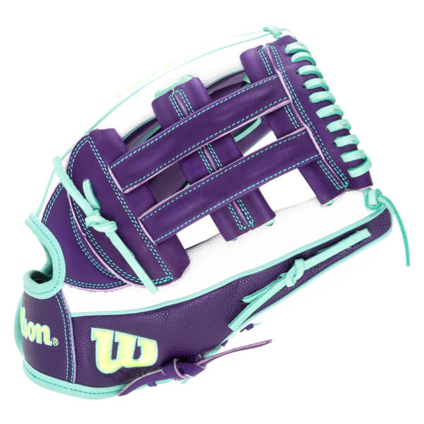 Top-down view of a purple and white baseball glove with teal lacing and a yellow "W" logo.