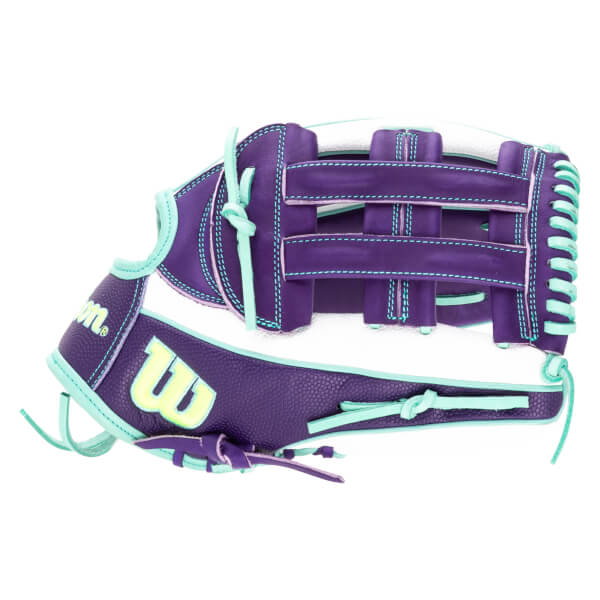 Side view of a purple and white baseball glove with aqua stitching and a yellow "W" logo.