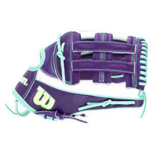 Side view of a purple and white baseball glove with aqua stitching and a yellow "W" logo.