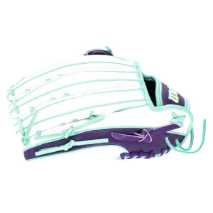Side view of a white baseball glove with purple and teal accents and "WILSON" logo.