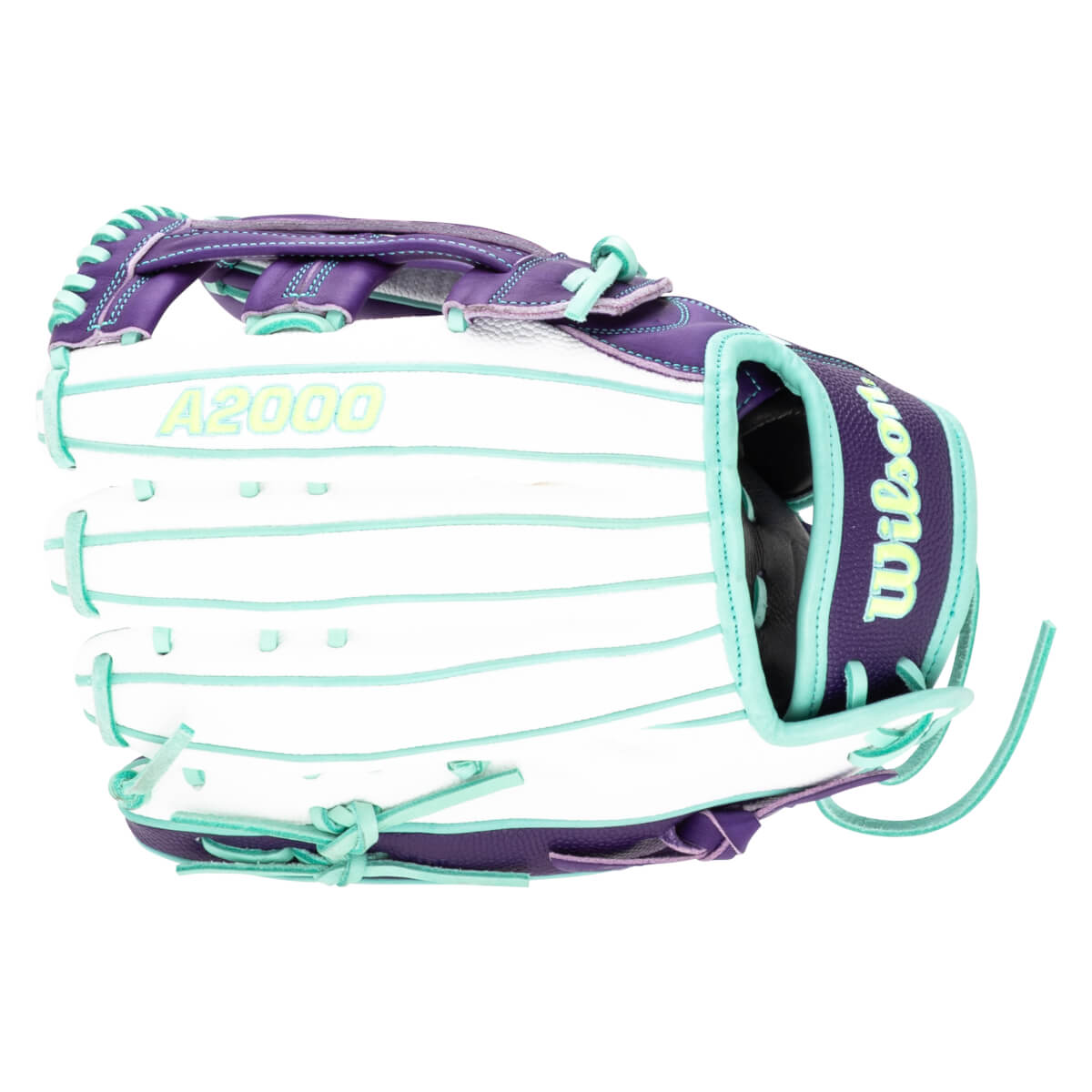 Side view of a white baseball glove with purple and teal accents, featuring "A2000" and "Wilson" branding.