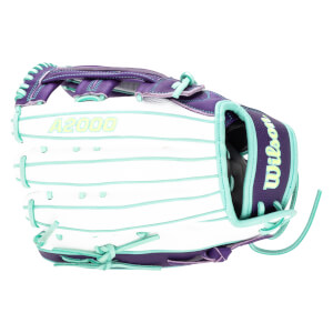 Side view of a white baseball glove with purple and teal accents, featuring "A2000" and "Wilson" branding.