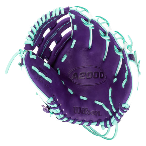 Top-down view of a purple baseball glove with aqua lacing and white accents, showing "A2000" and "Wilson" logos.
