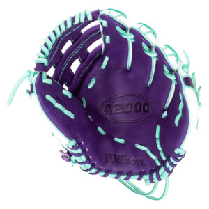 Top-down view of a purple baseball glove with aqua lacing and white accents, showing "A2000" and "Wilson" logos.