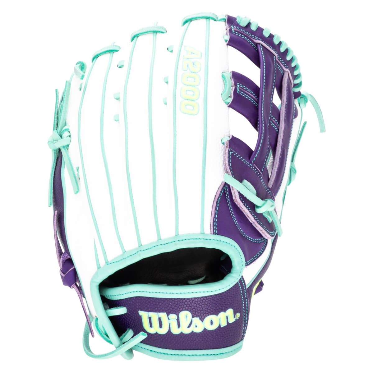 Front view of a white and purple baseball glove with teal accents and "A2000" and "Wilson" logos.