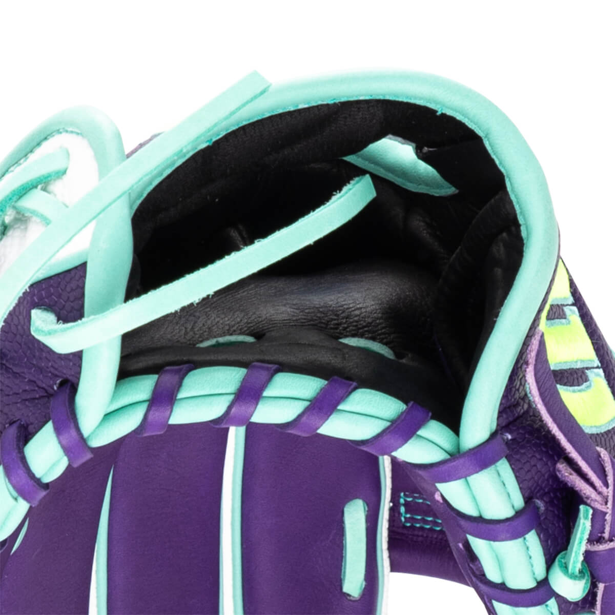 Close-up of a purple baseball glove with aqua lacing and a black interior.