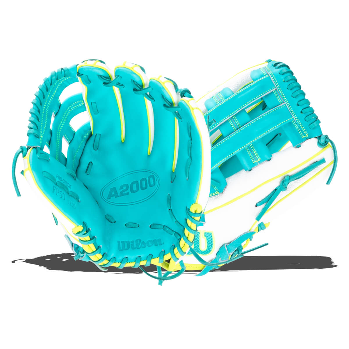 Front view of a teal and white Wilson A2000 baseball glove with yellow lacing.