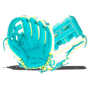 Front view of a teal and white Wilson A2000 baseball glove with yellow lacing.