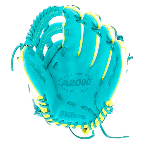 Top-down view of a teal Wilson A2000 baseball glove with yellow and white accents and "PRO-STOCK" text.