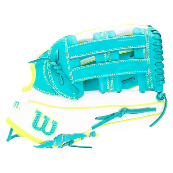 Side view of a white Wilson baseball glove with teal lacing and yellow trim, featuring a teal "W" logo.