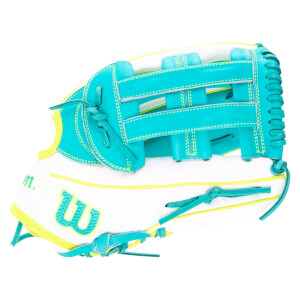 Side view of a white Wilson baseball glove with teal lacing and yellow trim, featuring a teal "W" logo.
